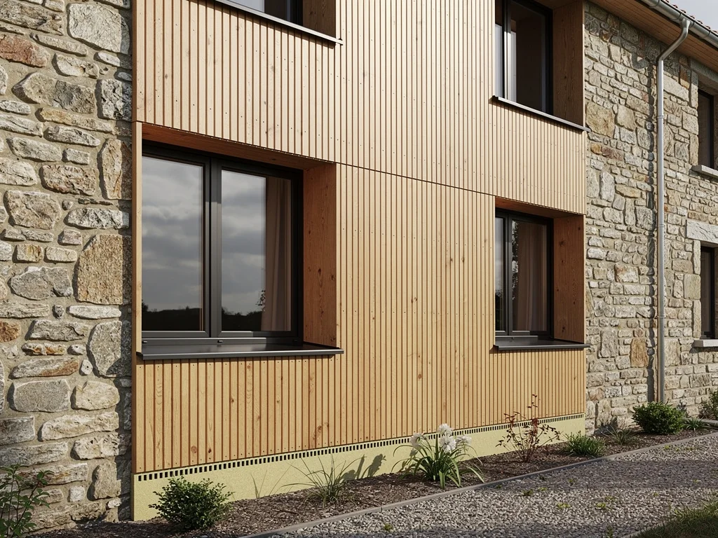 Façade en pierre habillée d'un bardage bois ventilé sur isolation extérieure