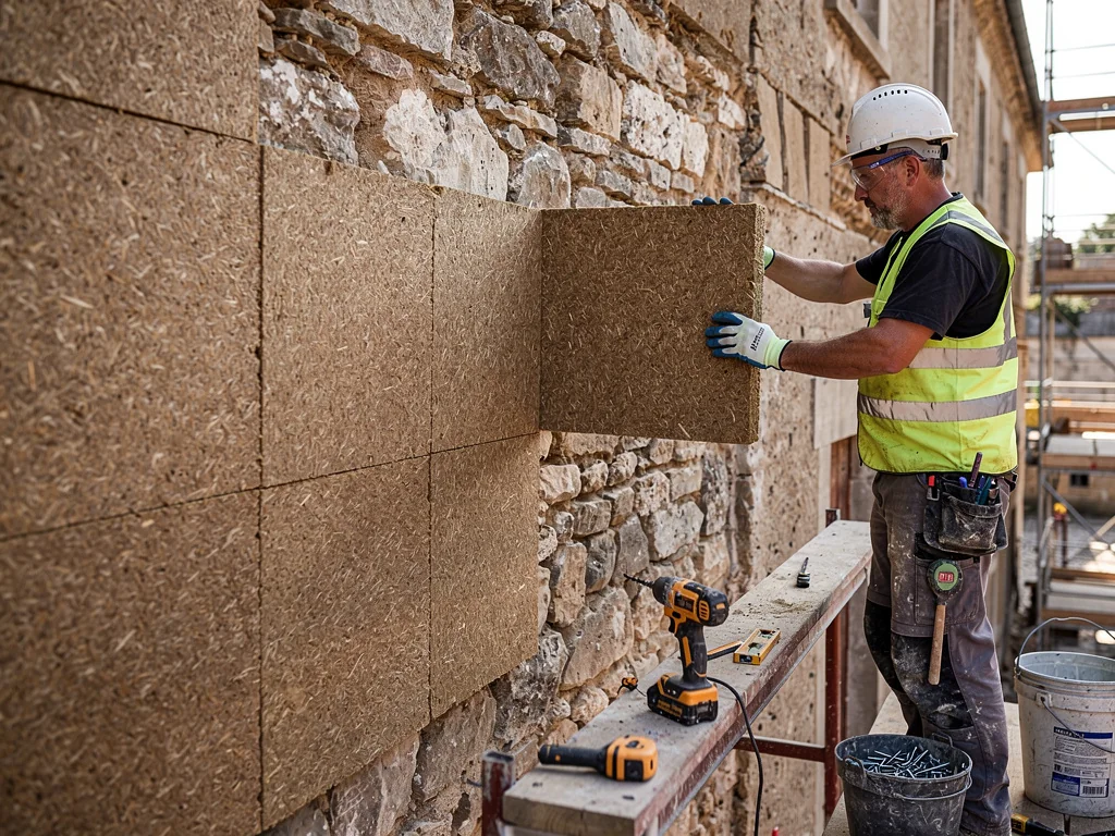 Pose de panneaux isolants en fibre de bois sur un mur en pierre ancien